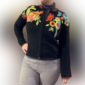 Arriviste Vintage Beaded Embroidered Cat Dog Animals Birds Sweater Small Zip Up